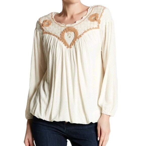 Free People Women's Begonia Sand Colored Embroidered Flowy Boho Blouse Size S - Picture 1 of 12